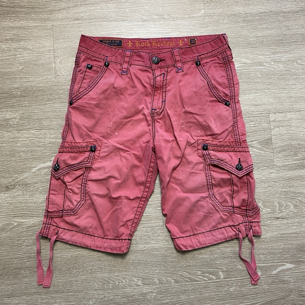 Rock Revival Y2K Cargo Shorts Men's 32 Red Embroidered Grunge Skater Thrash READ